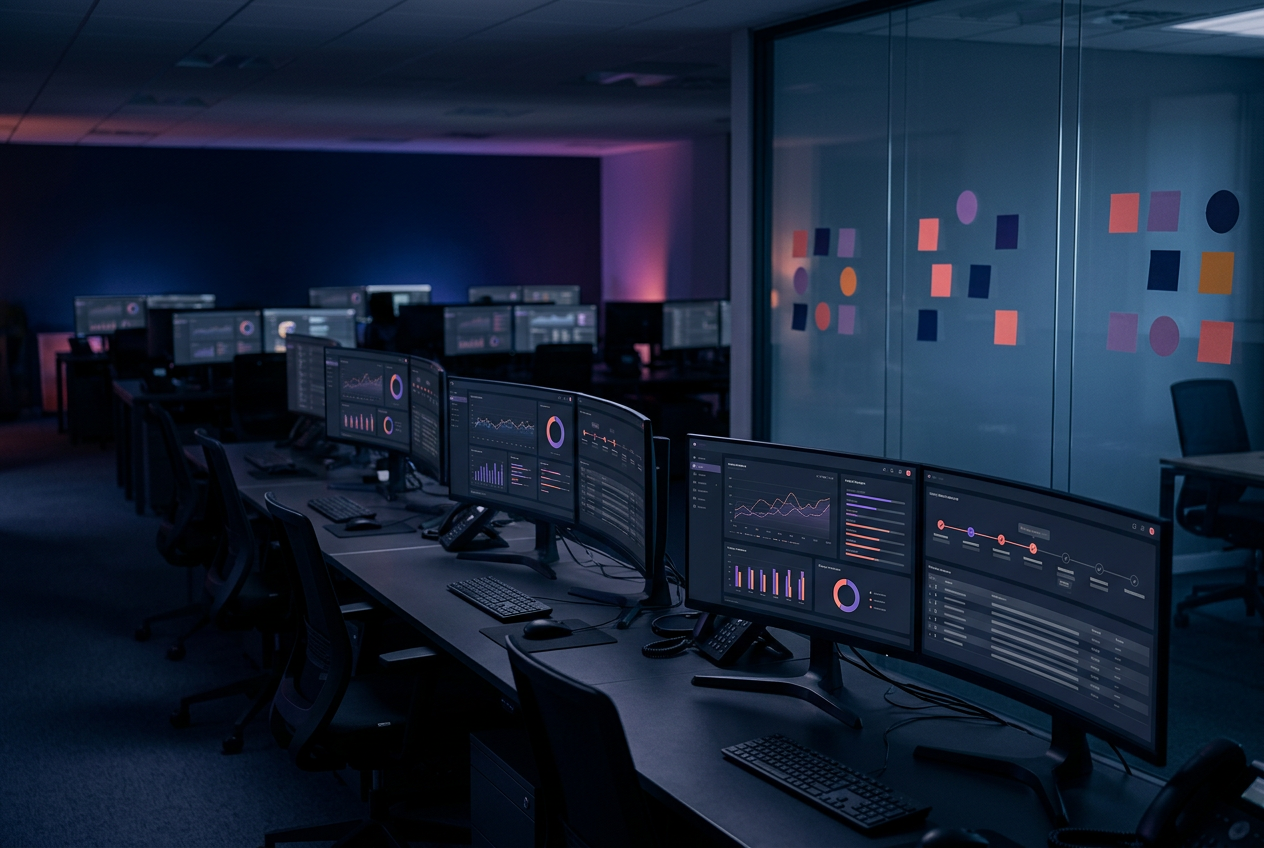 Security operations room with rows of monitoring screens