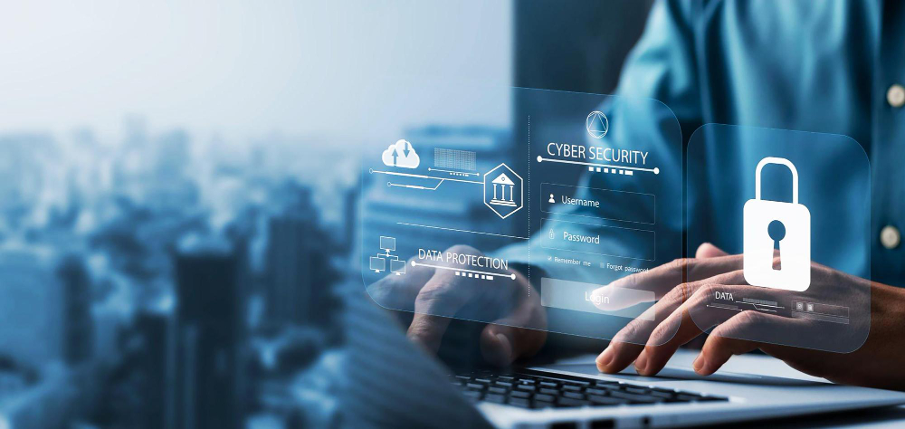 Analyst working on a laptop with cyber security overlays